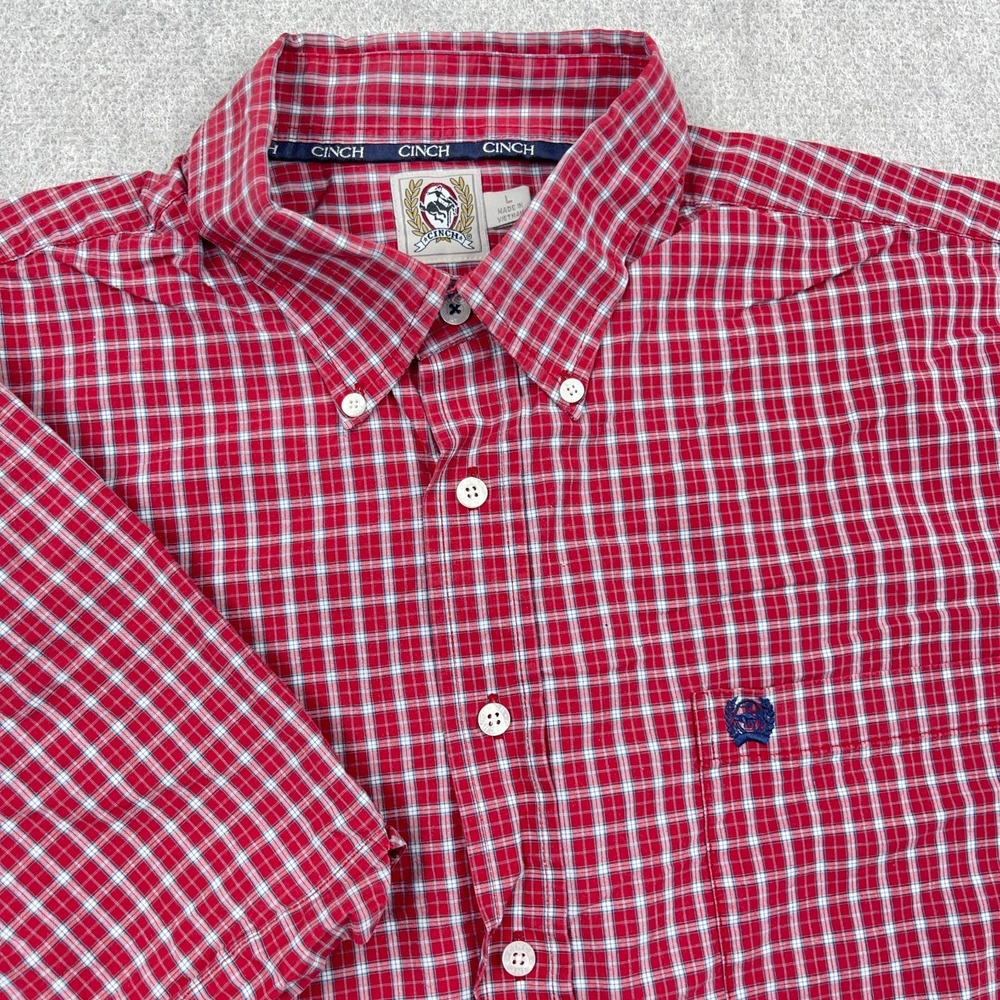 Cinch Shirt Men Large Red Blue Plaid Button Up Western Cowboy Short Sleeve